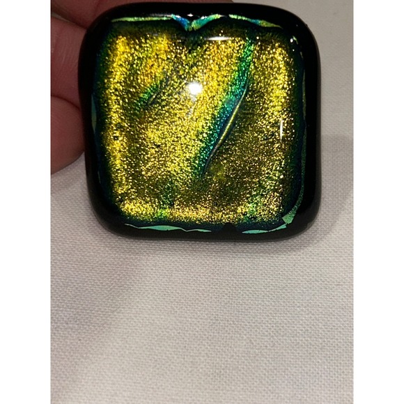 Handmade Jewelry - Dichroic Fused Glass Brooch Square Gold Green Teal Shimmer Artisan Pin 1.5"